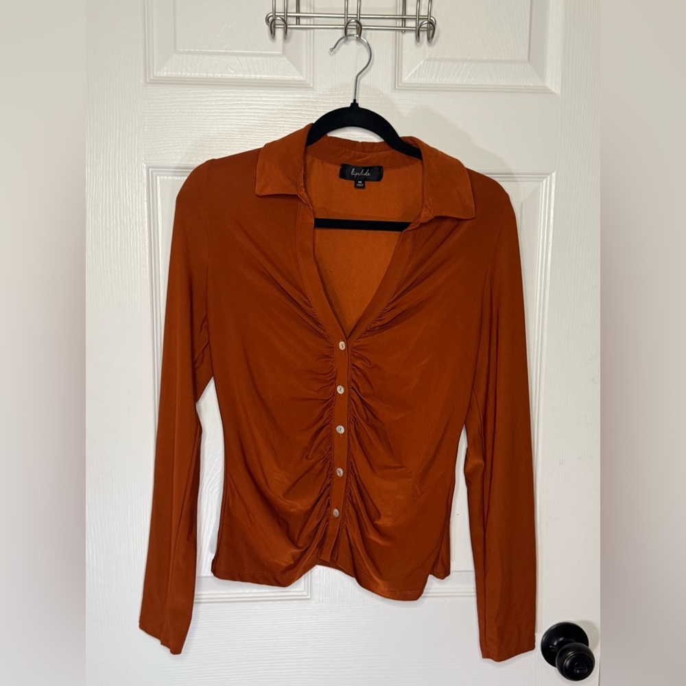 Lipslide Burnt Orange Ruched Button Down‎ Shirt